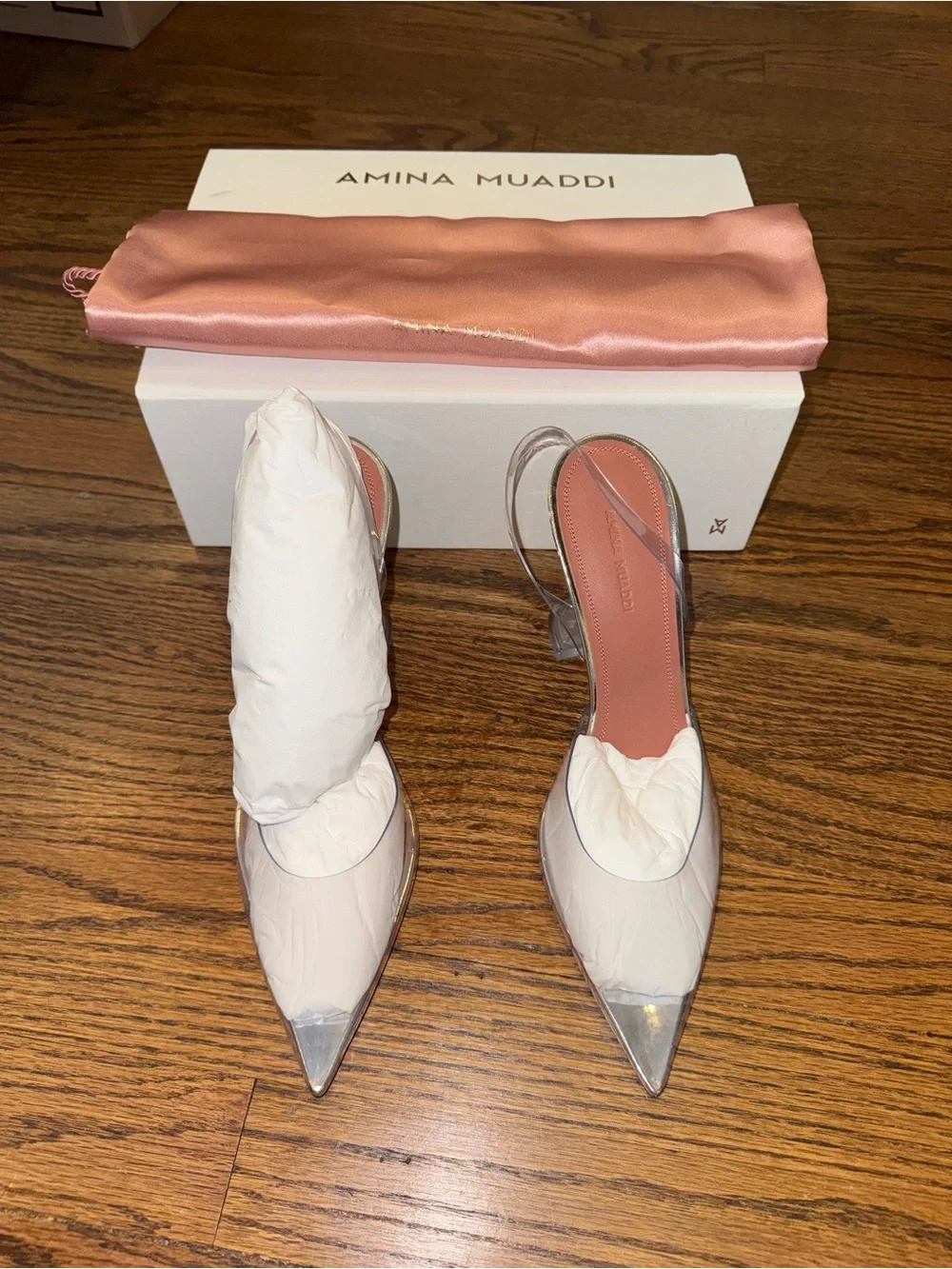 Size 40 Amina Muaddi Holli Glass Sling 95 Transparent PVC Heels